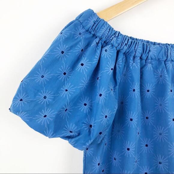 Zara Floral Openwork Textured Blue Off Shoulder Mini Sun Dress Balloon Sleeve - Picture 5 of 15